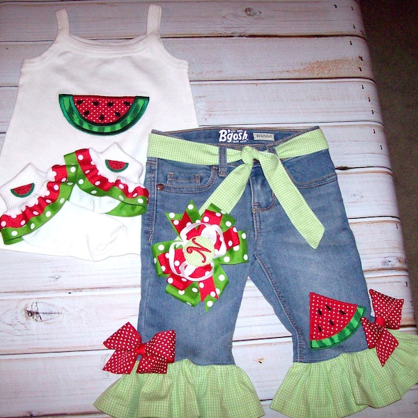 Watermelon Applique Lime Green Gingham Ruffle Capri Jeans optional tank top and/or socks or watermelon hair bow