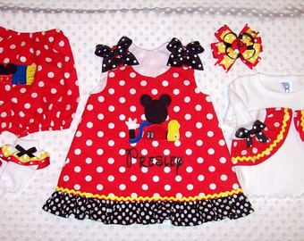 Red Minnie Dot Mickey Mouse Clubhouse Applique Number Age Monogram Birthday Party Dress or Bloomers Shorties Set w Hair Bow and socks option