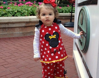 Red Polka Dot Minnie Mouse Applique and Monogram Yellow Ric Rac A-line Top & Ruffle Pants Set