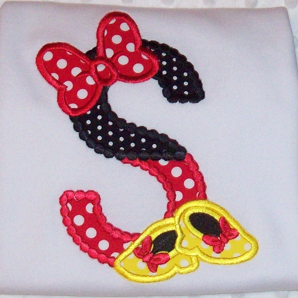 Minnie Mouse Applique Initial with Bow and Shoes Short or Long Sleeve Ruffle T-shirt  - Minnie Birthday Party - School - vacation