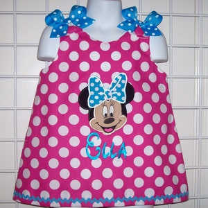 Mouse with Bow Hot Pink Dot Applique Monogrammed A-line Dress with Turquoise Polka Dot image 1