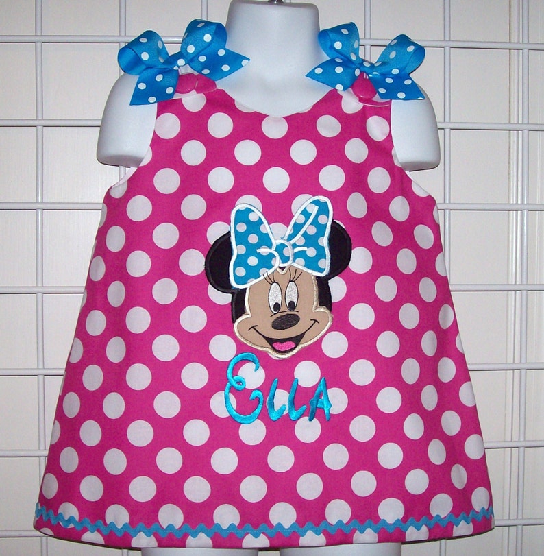 Mouse with Bow Hot Pink Dot Applique Monogrammed A-line Dress with Turquoise Polka Dot image 1