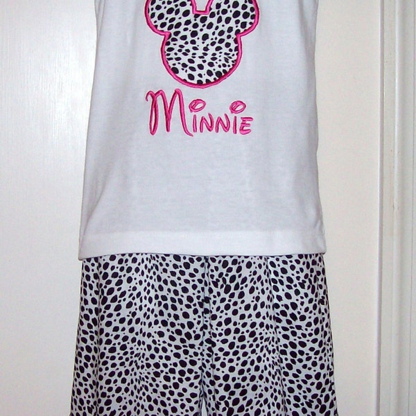 Minnie Mouse Applique T-shirt with Black and White Leopard Safari Hot Pink Dot Ruffle Pant Set - zoo animal capri set