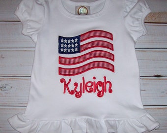 Flag Applique Ruffle Style White Short Sleeve T-shirt - memorial day 4th of July shirt - toddler girl - vacation - monogram shirt