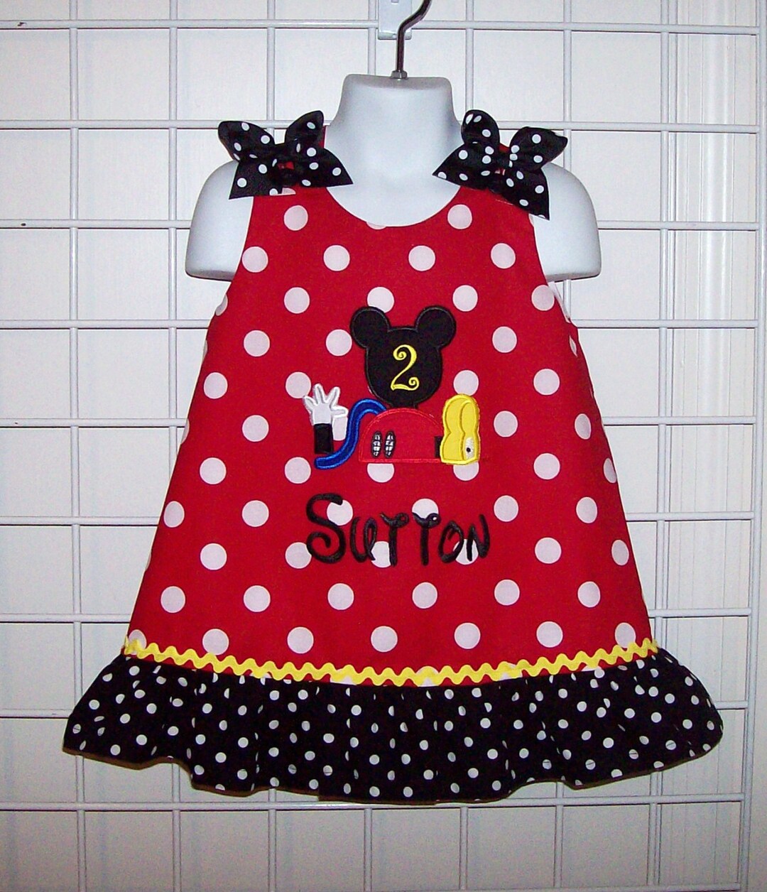 Red Minnie Polka Dot Mickey Mouse Clubhouse Applique Monogram A-line