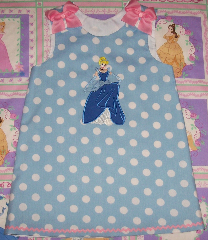 Princess Cinderella wearing Ball Gown Applique Monogram Blue Polka Dot A-line Dress Princess Cinderella birthday party dress Vacation dress