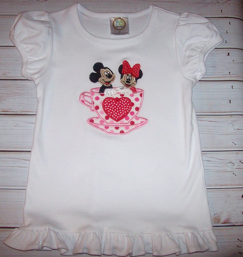 Sample SALE Mickey And Minnie Cup And Saucer Heart Applique White SS Shirt Size 6--Vacation--Birthday--Valentines