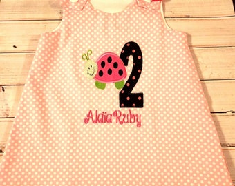 Cute Ladybug with Number Applique Monogram Pink Polka Dot A-line Dress - birthday party dress - school dress - pre-k dresss