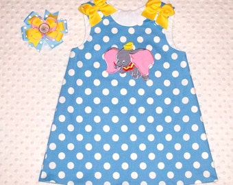 Dumbo Elephant Applique Monogram Light Blue Polka Dot A-line Dress with yellow bows