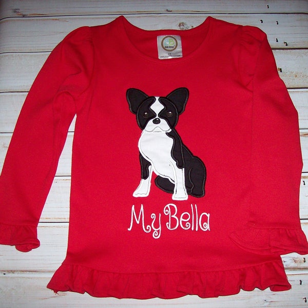 Boston Terrier Puppy Dog Applique Ruffle Style Short or Long Sleeve T-shirt - birthday party - toddler girl - vacation - birthday gift