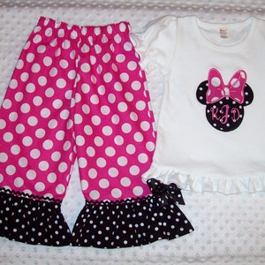 Minnie Mouse Applique Monogram Ruffle T-shirt Hot Pink Dot Capri Pants ...