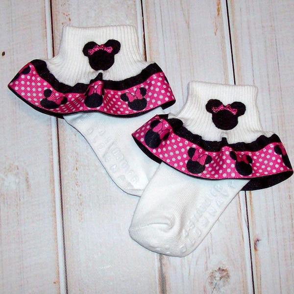 Minnie Mouse Applique Black Ribbon and Hot Pink Dot Minnie with Bow Double Ruffle Ribbon Socks  - Minnie Costume  Socks - Minnie Dress up