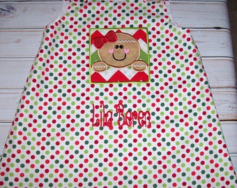 A-Line Dress with Gingerbread Girl Chevron Patch Applique Monogram on Polka Dot Fabric - Holiday - Christmas Dress