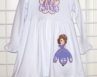 Sofia Princess Applique Monogram Ruffle Empire Waist Knit Dress Birthday Party - Short or long sleeve - Choose Character