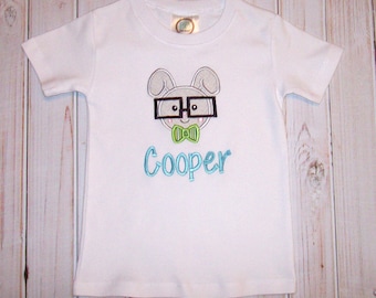 Boy Bunny with Glasses Applique bodysuit OR T-shirt  - Easter egg hunt shirt - school t-shirt - boy bunny shirt - boy Easter shirt