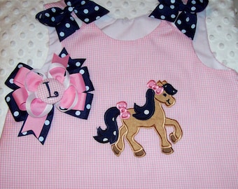 Horse Pony Applique Pink Gingham Monogram A-line Dress with Navy Dot Ruffle and Bows