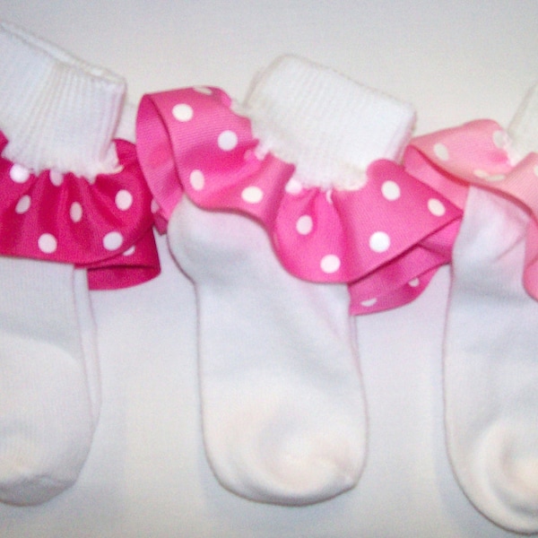 Polka DOT Ruffled Ribbon Socks ANY SIZE Made to Match Any of My Dresses or Outfits School - Birthday Party - Holiday - Vacation