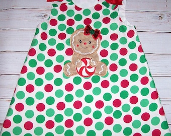 Gingerbread Cookie Christmas Monogram A-Line Dress  Holiday - School Christmas Party - Big red and green polka dots dress