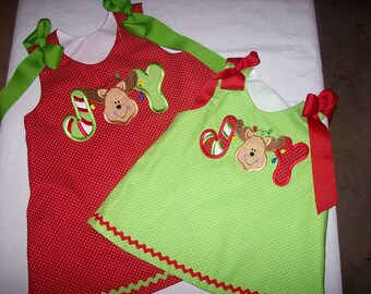 Lime with Red Dot JOY Reindeer Applique Christmas Holiday A-line Dress You CHOOSE