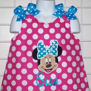 Mouse with Bow Hot Pink Dot Applique Monogrammed A-line Dress with Turquoise Polka Dot image 2