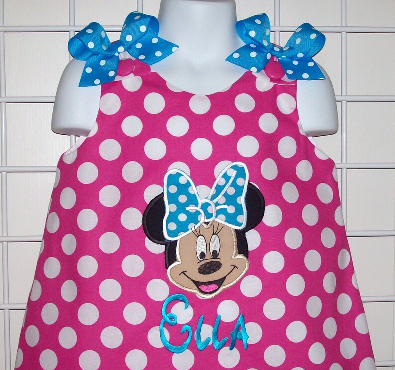 Mouse with Bow Hot Pink Dot Applique Monogrammed A-line Dress with Turquoise Polka Dot image 2