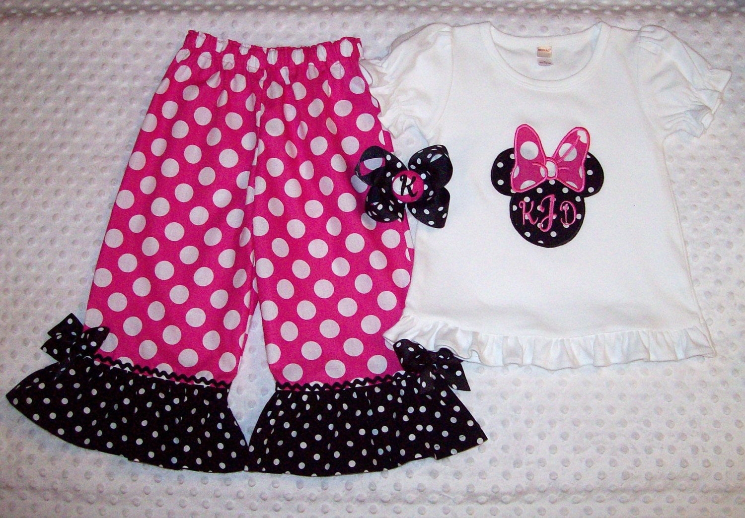 thesewprincess Red Minnie Dot and Black Dot Minnie Mouse Applique Monogram Birthday Number Ruffled Pants Set with Yellow Trim