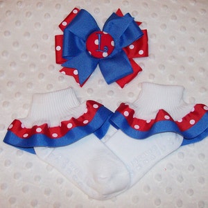 School TEAM You CHOOSE Color Layered Hair Bow and Double Ruffled Ribbon Socks - Match Uniform - Cheerleader