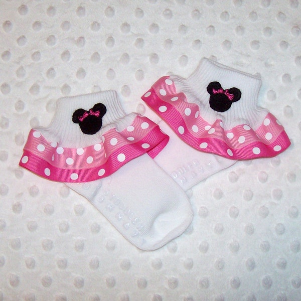 Minnie Mouse Applique Light Pink Dot and Hot Pink Dot Double Ruffle Ribbon Socks