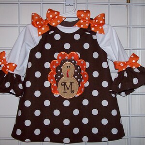 Ruffled Sleeve T-shirt and Chocolate Brown Polka Dot Thanksgiving FALL Turkey Applique with Monogram Initial Dress image 1