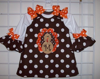 Ruffled Sleeve T-shirt and Chocolate Brown Polka Dot Thanksgiving FALL Turkey Applique with Monogram Initial Dress