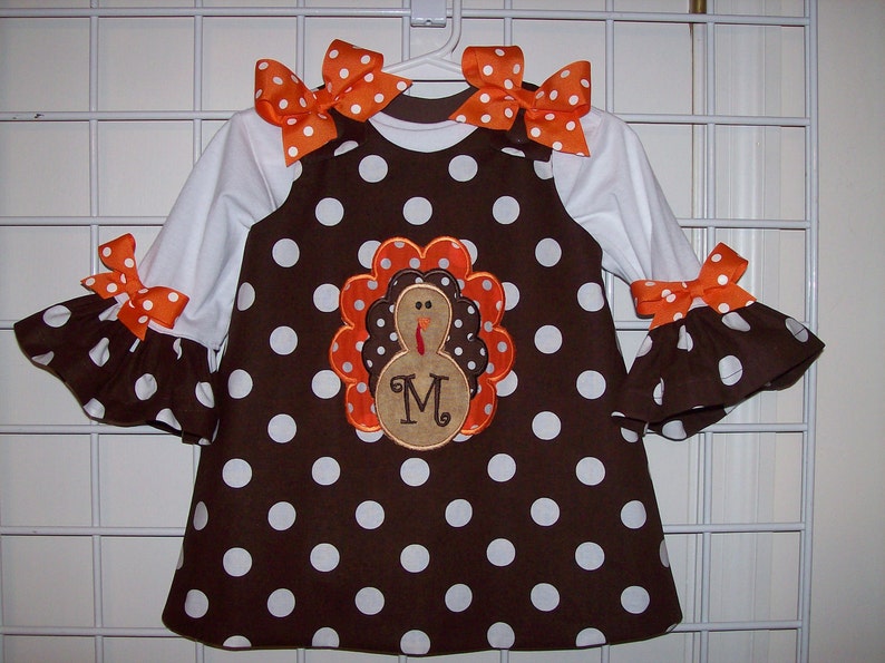 Ruffled Sleeve T-shirt and Chocolate Brown Polka Dot Thanksgiving FALL Turkey Applique with Monogram Initial Dress image 1