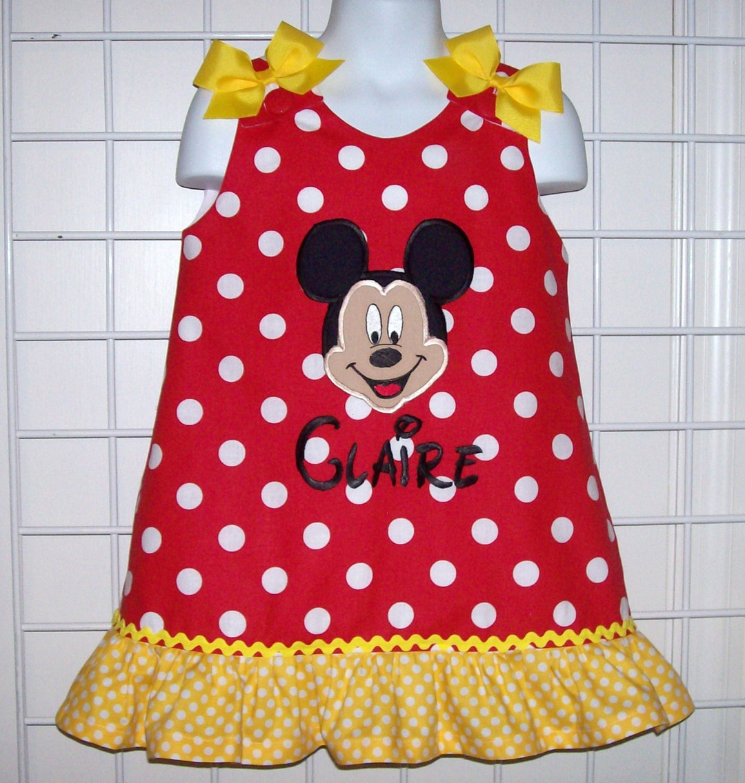 Mickey Mouse Face Applique Monogram Dress With Yellow Dot Ruffle - Mickey Birthday Party Dress ...
