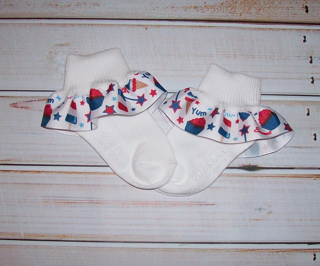 Patriotic Ruffled Ribbon Socks ANY SIZE Memorial Day Socks 4th of July Socks School Socks Ice