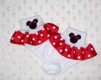 Minnie Mouse Applique Red Polka Dot Ruffle Ribbon Socks