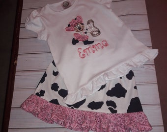 Minnie Mouse Cowgirl Applique T-shirt and Pink Bandana and Cow Print Ruffled Twirl Skirt Set