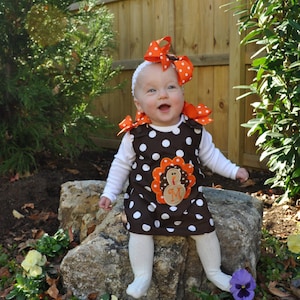 Turkey Applique Dress Chocolate Brown Dot with Applique Initial Included Fall Thanksgiving Dress - School - Holiday