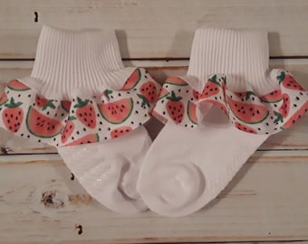 Pink Printed Watermelon Ruffle Ribbon Socks - Watermelon Pageant socks - School socks - Pictures