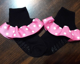 Hot Pink with White Polka Dots Ruffle Ribbon BLACK Socks  Halloween  - socks to match custom - Valentine socks  School socks