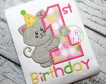 1st Birthday Kitty Applique One Piece Bodysuit - baby girl shirt - first birthday - birthday party pictures - girl kitty with party hat