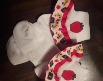 Apple Applique Red and School Printed Double Ruffled Ribbon Socks - Back to school socks