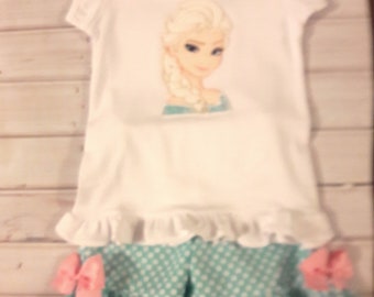 Snow Queen Applique Shirt and Ruffle Pants Shorts OR Capris - Snow Queen Birthday Party - School - Vacation outfit