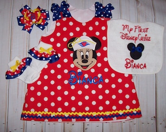 Sailor Dress My First Cruise Minnie Mouse Applique Monogram Red Polka Dots A-line Dress Cruise Vacation Optional Bib Ruffle Socks Hair bow