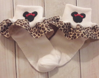 Minnie Mouse Applique Safari Red and Leopard Minnie Animal Print Ruffle Ribbon Socks - zoo socks - animal kingdom socks