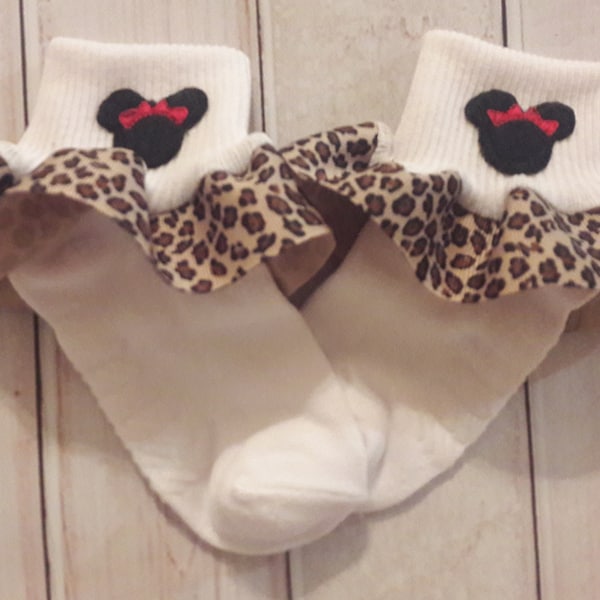 Minnie Mouse Applique Safari Red and Leopard Minnie Animal Print Ruffle Ribbon Socks - zoo socks - animal kingdom socks