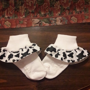 Black and White COW Print Ruffled Grosgrain Ribbon Socks Birthday Party - School - Cowgirl Socks - Jessie - Toy Story