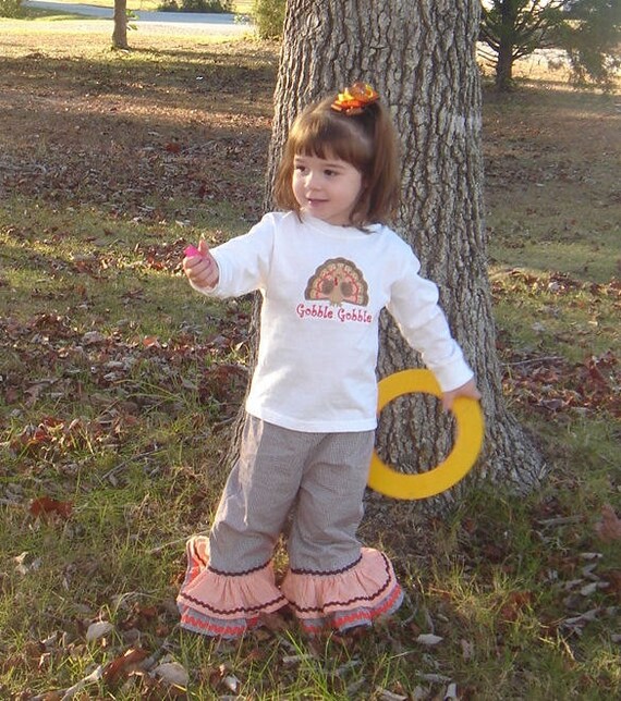 Turkey Pants Set Gobble Gobble Applique T-shirt + Double Ruffle Pants Brown  and Orange Gingham FALL - Halloween - Thanksgiving - Christmas - Etsy