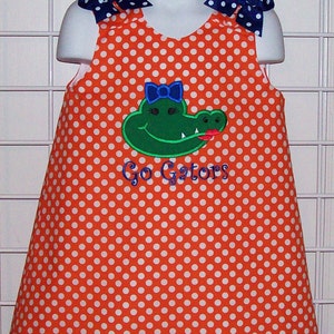 Girly Gator Alligator Applique Orange Polka Dot with Blue Dot Bows A-line Dress Football Cheerleader Game Day image 3