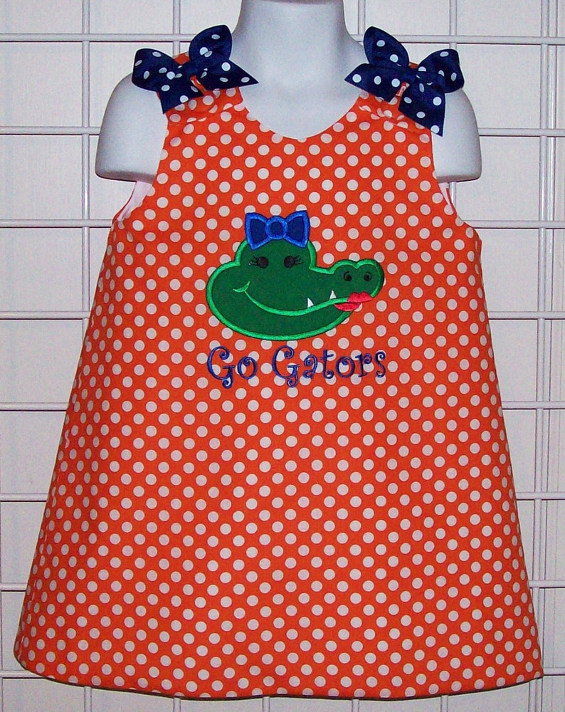 Girly Gator Alligator Applique Orange Polka Dot with Blue Dot Bows A-line Dress Football Cheerleader Game Day image 3