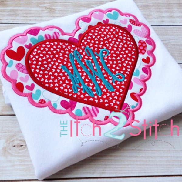 Double Heart Scalloped Applique with Monogram Initials Included Short or Long Sleeve T-shirt - school shirt - birthday - valentine party