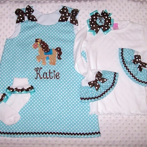 Aqua and Brown Polka Dot Horse Cowgirl Birthday Party Applique Monogrammed A-line Dress plus add Ruffle Sleeve T-shirt option - School